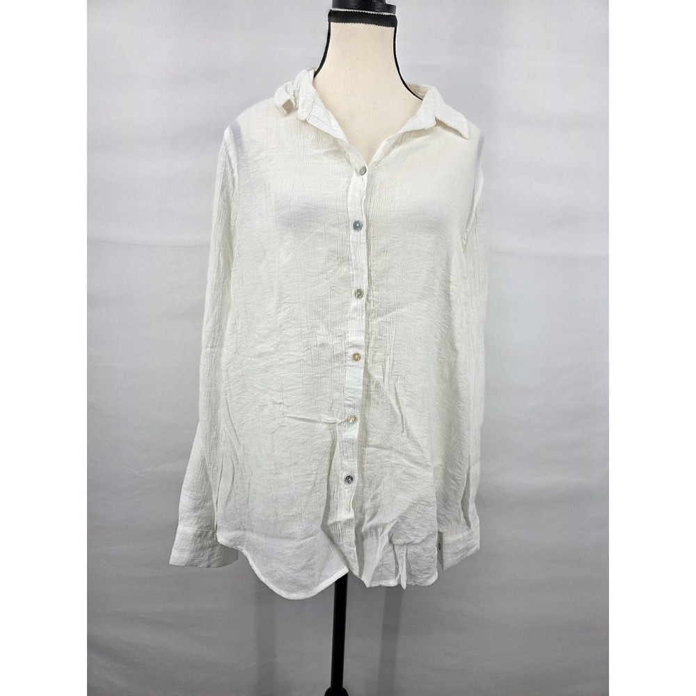 Jane + Delancey White Crinkle Gauze Button Down Shirt Large Long Sleeve Relaxed